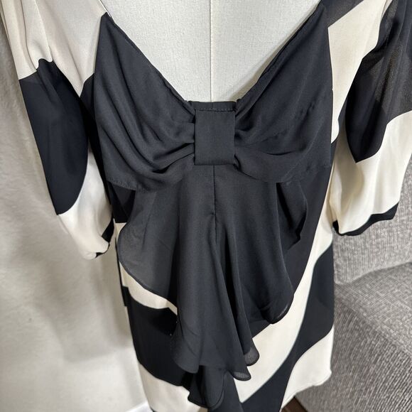 Cocktail Chevron Dress Women’s Size L Black Cream 3/4 Sleeve Bow Back Formal - Picture 5 of 14